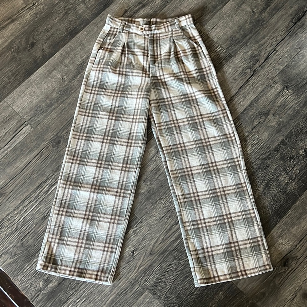 Fleece Plaid Flared Pants